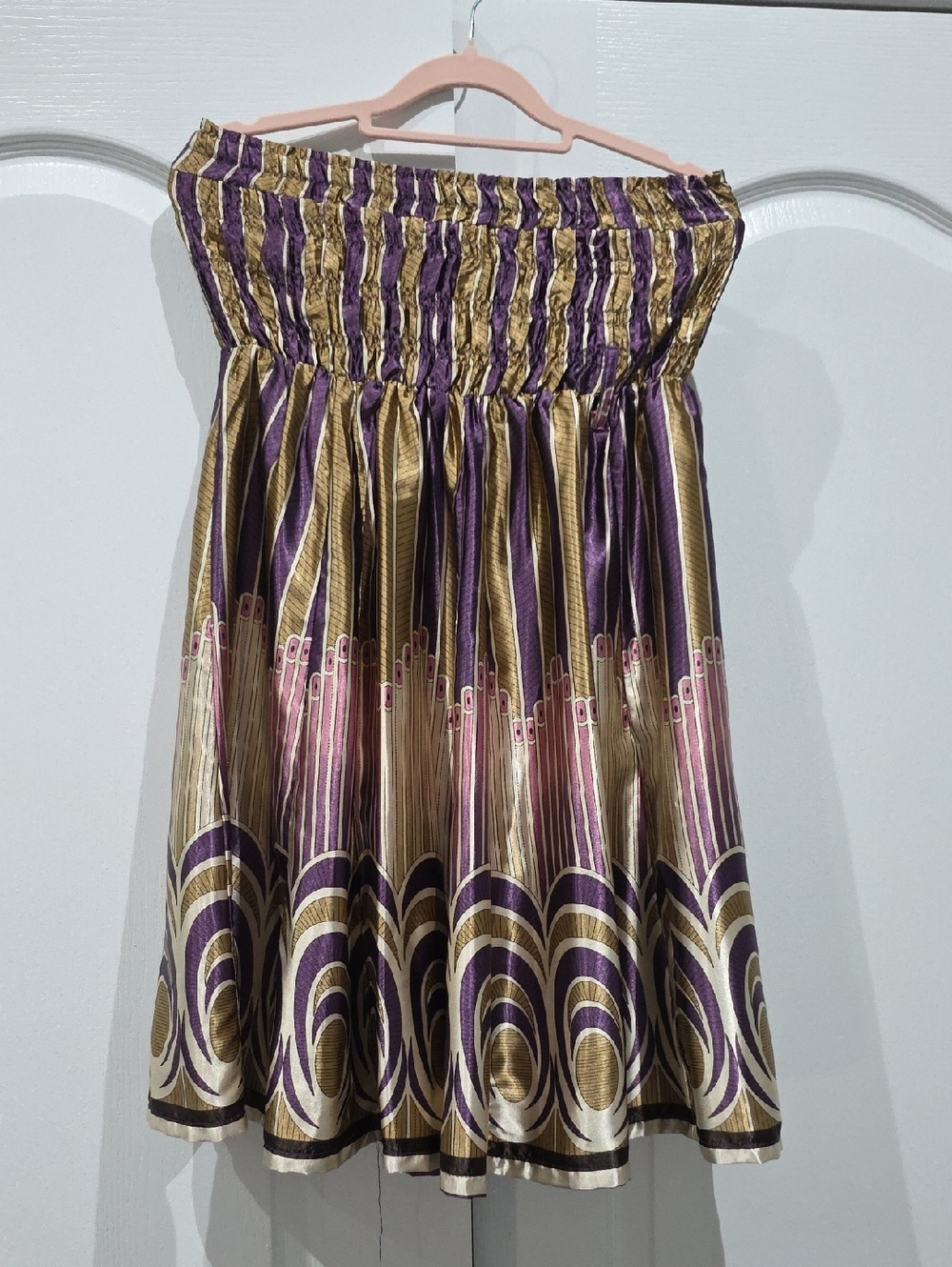 Strapless Purple and Gold Smocked Waist Circle Skirt Dress